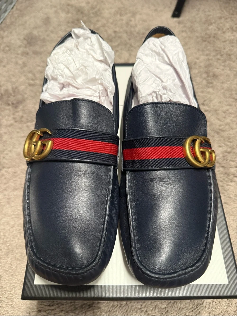 Gucci Navy Leather Loafers with Red Stripe & Gold GG